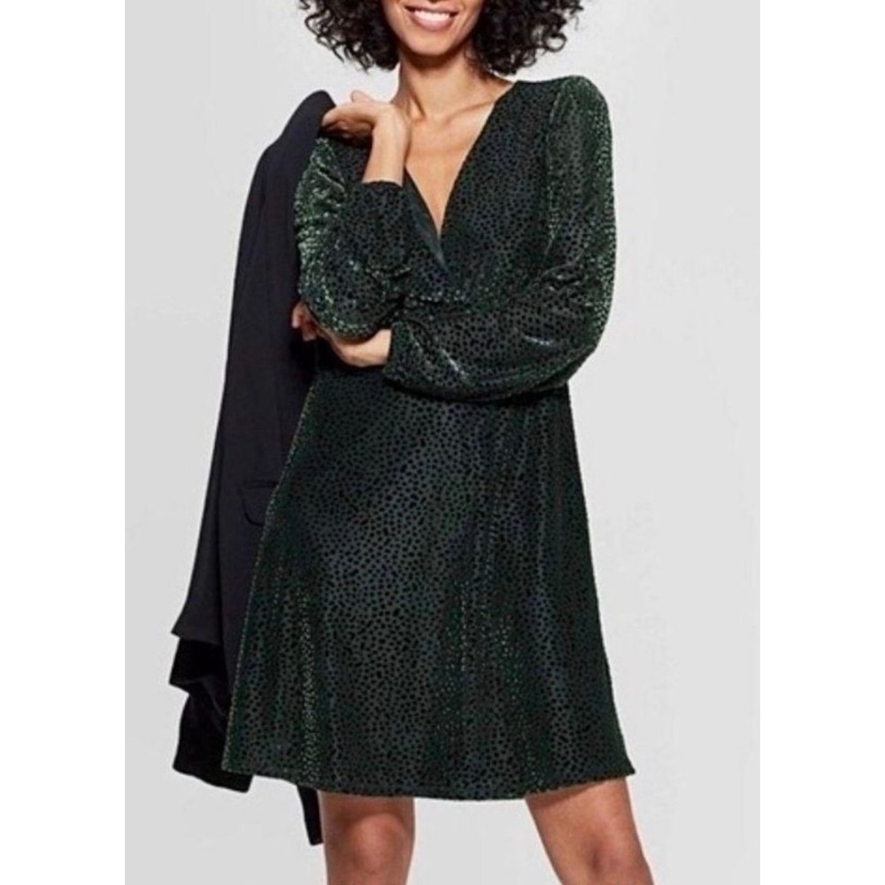 A New Day Women Green Black Burnout Velvet Polka Dot V-Neck Mini Dress Large